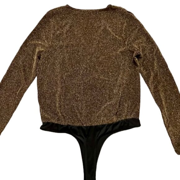 Steve Madden NWT Women's Metallic Knit Gold Long Sleeve Bodysuit Size Large - Picture 11 of 14